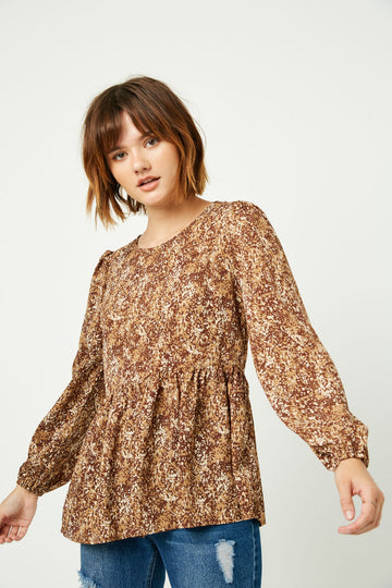 HJ3142W Brown Plus Ditsy Print Long Sleeve Babydoll Top Front